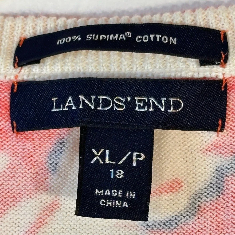 Lands' End Orange Floral Supima Cotton Sweater XL/P‎ 18 3/4 Sleeve Crewneck